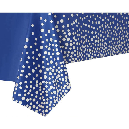 Fata de Masa, Cyrax, din PEVA, Imprimeu Buline Argintii, 137 x 274 cm, Impermeabila, Fara Pete, Curatare Rapida, Albastru Inchis