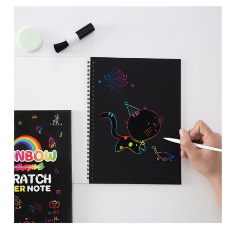 Caiet cu Foi de Hartie de Razuit, Cyrax, cu Un Stilou din Bambus, pentru Desen, Curcubeu, 19 x 26 cm, Negru