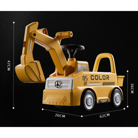 Excavator Manual pentru copii, Cyrax, 3 ani, Sport, Claxon, Cutie Depozitare, Lumini, Scaun, 62x26x47 cm, Galben