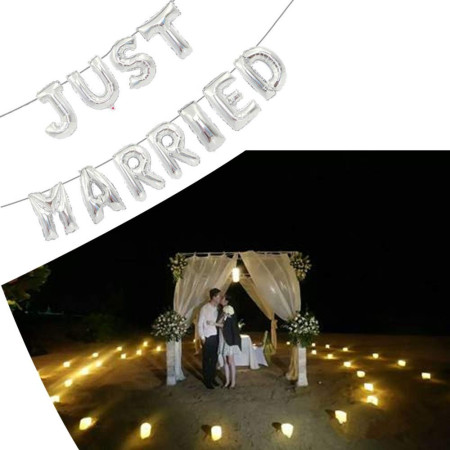 Set Baloane din Folie Metalizata, Cyrax, Figurine Litere, Model Just Married, Tema Nunta, 40 cm, Baloane Party, Ambalaj Individual, Pai inclus, Umflare cu Aer sau Heliu, Argintiu