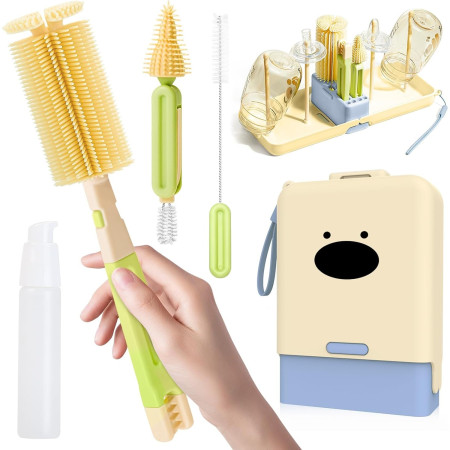 Set 7 Piese de Spalat/Uscat Biberoane, Cyrax, Portabil, Peri de Silicon, pentru Tetine, Suzete, Biberoane, Paie, Cutie Inclusa, 16.8 x 12 x 5 cm, Model Catel, Albastru