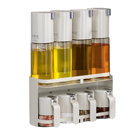 Suport pentru Depozitare Condimente, Ulei, Otet, Cyrax, Montare pe Perete din 9 Piese, Uz Casnic, pentru Bucatarie, 31x13.5x36.8cm, Alb