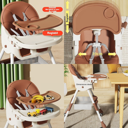 Scaun de masa pentru bebelusi si copii Cyrax, cu roti, telescopic, pliabil, masuta reglabila, suport picioare, scaun invelis piele artificiala, centura siguranta, spatiu depozitare, 97 x 73 x 65 cm, maro