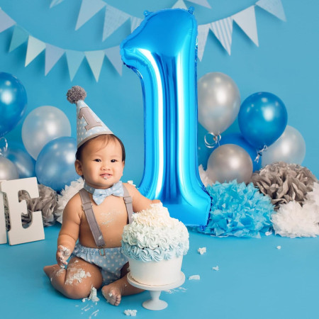 Balon din Folie Metalizata Cyrax, Figurina Cifra, Tema Aniversare 40 cm, Ambalaj Individual, Pai inclus, Umflare cu Aer sau Heliu, Albastru, Cifra 1