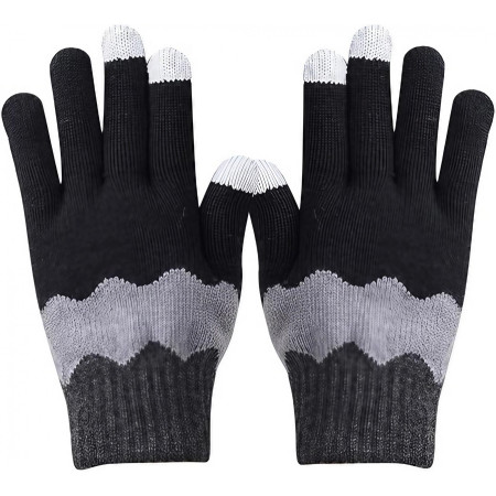 Manusi de Dama,  Model Ondulat, Functie Touchscreen (ecran tactil), Material Acril Tricotat, Manseta Elastica, Interior Catifelat, Marime Universala, Negru/Gri
