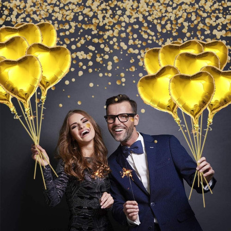 Set 2 Baloane din Folie Metalizata, Cyrax, Model Inimi, Tema Ziua Indragostitilor, 45 cm, Ambalaj Individual, Pai Inclus, Umflare cu Aer sau Heliu, Argintiu/Auriu