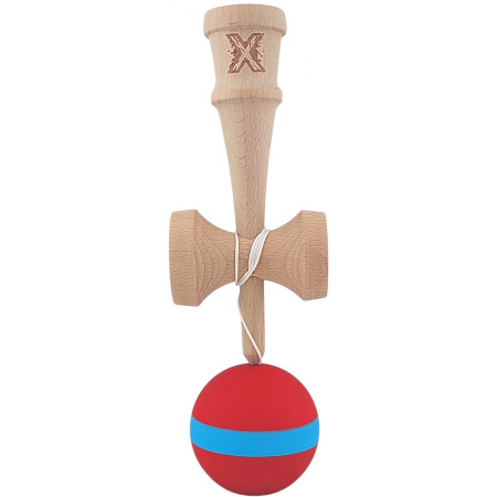 Kendama X Originala, Profesionala, Cyrax, 18 cm, din Lemn, Rubber Grip, Rosu/Albastru