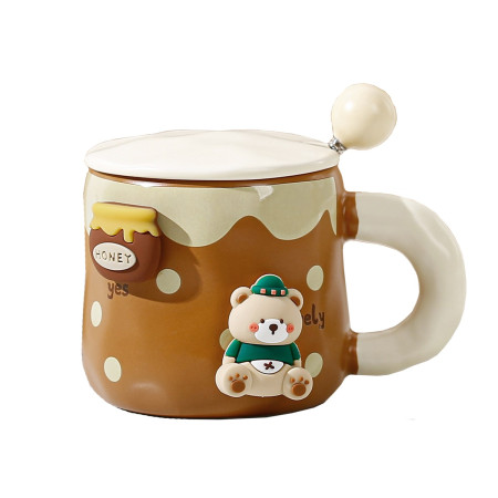 Cana din Ceramica, Cyrax, Model Urs pentru Baieti, Cana Universala, Cana pentru Ceai, Cana cu Lingura Metalica si Capac, 9.6 x  9.5 x 9.5 cm, 400 ml Maro inchis