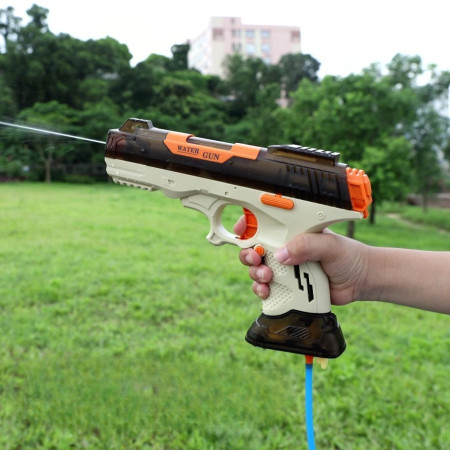 Pistol cu Apa Electric, Cyrax, 2 Rezervoare 75/350 ml, din ABS+Silicon, Baterie, Incarcare USB, Conectare la Furtun, +6 Ani, Maro