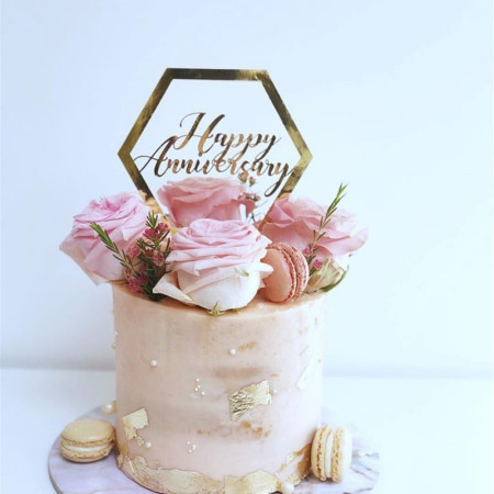 Decoratiune Topper pentru Tort, Cyrax, Model Hexagon Scris Happy Birthday, Tematica Aniversare, Auriu