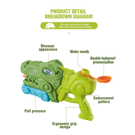 Pistol cu Apa pentru Copii, Rezervor, Pentru Piscina/Plaja, Cyrax, 6ani+, Tiranozaur, 3 duze, Verde, 660ML