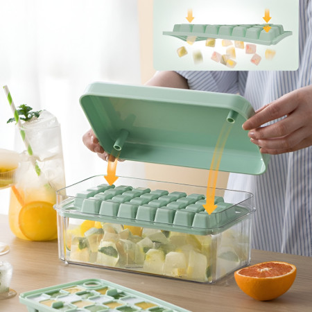 Set Cutie pentru Gheata, Cyrax, Uz Casnic, Doua Tavite pentru Cuburi, Capac Etans, Lopata, 23.5x13.3x10 cm, Verde
