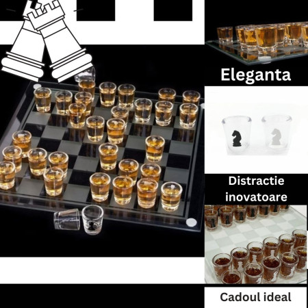 Joc de sah Cyrax din sticla cu pahare pentru shoturi, 35x35 cm, transparent