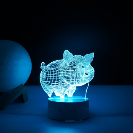 Lampa LED decorativa,  3D, Porcusor Gras, din material acril si lumina multicolora, alb