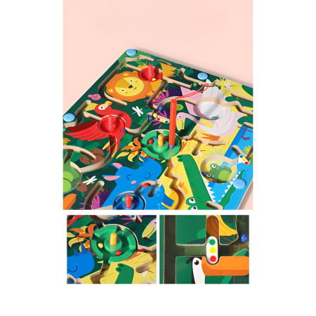 Joc Montessori de Sortare Culori, Cyrax, Creion Magnetic, Tip Labirint Ilustrat, din Lemn, Model Animale Salbatice, 39x29x1.5 cm