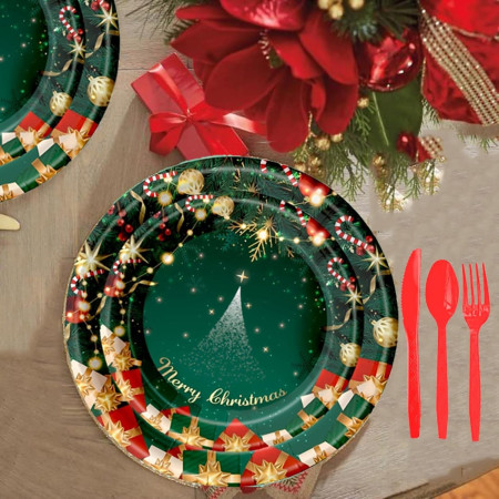 Set 16 Farfurii de Unica Folosinta, Cyrax, Model Brad de Craciun Merry Christmas, Tematica Craciun, 18 cm, Verde