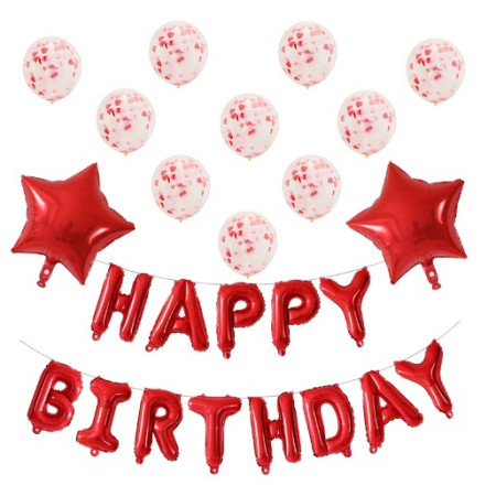 Cyrax Set 12 Baloane si 1, Set pentru Aniversare, mesaj Happy Birthday, din folie de aluminiu, 30 -45 cm, Cu paiete, latex si folie, Rosu