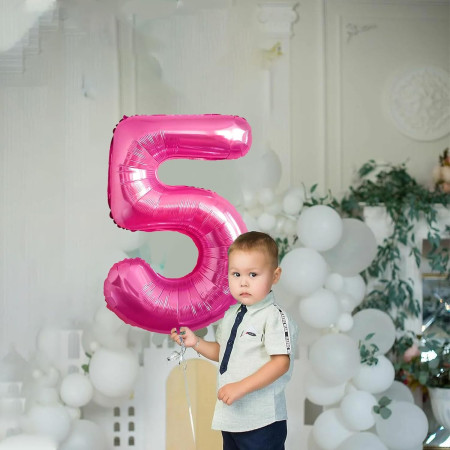 Balon din Folie Metalizata Cyrax, Figurina Cifra, Tema Aniversare 40 cm, Ambalaj Individual, Pai inclus, Umflare cu Aer sau Heliu, Roz, Cifra 5