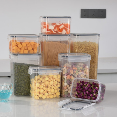 Cutii de depozitare alimente, Cyrax, Set din 8 Cutii pentru Condimente, Cereale, Cutii pentru Bucatarie, din Plastic PP, Cutii Alimentare, Diferite Dimensiuni, Transparente