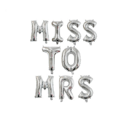 Set Baloane din Folie Metalizata, Cyrax, Model Scris Miss to Mrs, Litere de 40 cm, Tema Iubire, Baloane Party, Ambalaj Individual, Pai Inclus, Umflare cu Aer sau Heliu, Argintiu