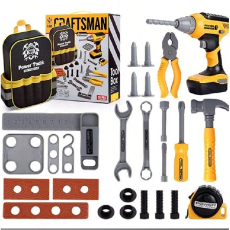 Set Scule de Jucarie pentru Copii, Cyrax, Ghiozdan cu Bormasina si Accesorii Incluse, 28 Piese, Material Plastic Durabil, Interactiv, +3 Ani, 30.5x25x11 cm, Negru/Portocaliu