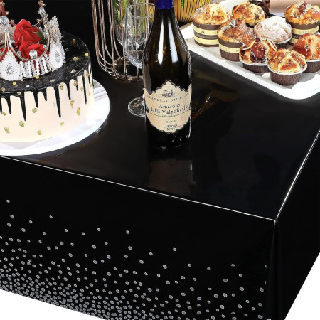 Fata de Masa, Cyrax, din PEVA, Imprimeu Buline Argintii, 137 x 274 cm, Impermeabila, Fara Pete, Curatare Rapida, Negru