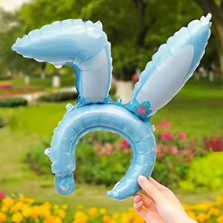 Balon din Folie Metalizata, Cyrax, Tip Coronita cu Urechi, Model Iepure, Ambalaj Individual, Pai Inclus, Umflare cu Aer sau Heliu, 38 x 45 cm, Albastru