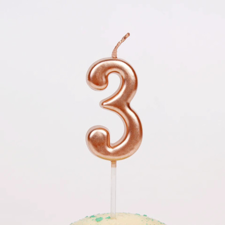 Lumanare de Tort, Cyrax, Model Cifra 3, Party, 4.5 x 2.5 cm, din Parafina, Rose Gold