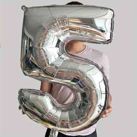 Balon din Folie Cyrax, Cifra 5, 81 cm, Pentru Aer sau Heliu, Bulk, Argintiu