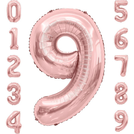 Balon din Folie Metalizata Cyrax, Figurina Cifra, Tema Aniversare 100 cm, Ambalaj Individual, Pai inclus, Umflare cu Aer sau Heliu, Coral, Rose Gold, Cifra 9