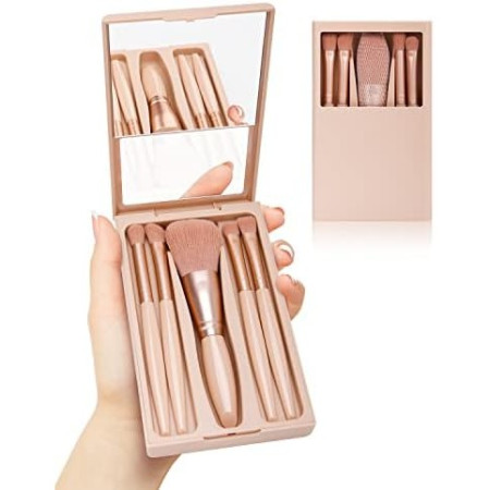 Set 5 Pensule de Machiaj cu Peri Moi, Cyrax, cu Suport pentru Depozitare si Oglinda, Roz Pal