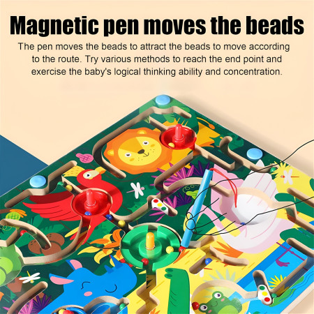 Joc Montessori de Sortare Culori, Cyrax, Creion Magnetic, Tip Labirint Ilustrat, din Lemn, Model Animale Salbatice, 39x29x1.5 cm