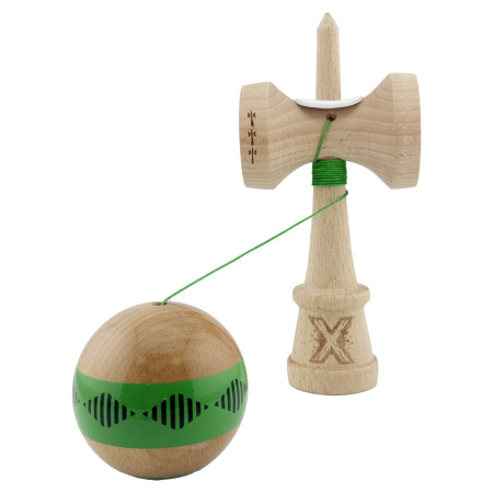 Kendama X Originala FREQUENCY, Profesionala, Cyrax, Cupe Mari KING SIZE V3, Super Sticky, Gaura in Baza, Rulment Metalic, din lemn 18 cm, Ata 55 cm, Verde/Maro
