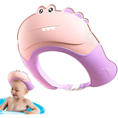 Casca de Dus, Cyrax, Previne Scurgerea Apei si Samponului pe Fata, 0-12 Ani, Ajustabila, din TPE+PP, 20 x 23 cm, Model Crocodil, Roz/Mov