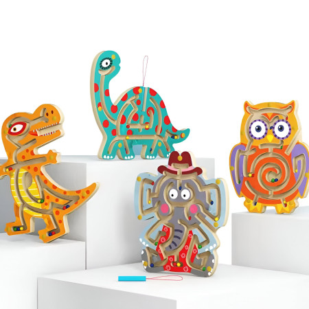 Joc Montessori cu Bile, Cyrax, Creion Magnetic, Tip Labirint, din Lemn, Model Tiranozaur, 21x18 cm, Portocaliu