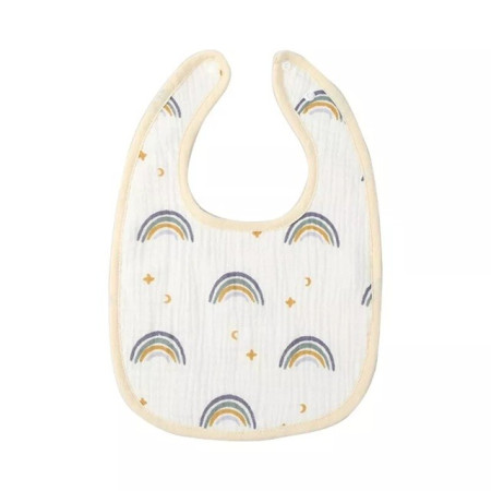 Baveta in Forma de U, Cyrax, din Bumbac, pentru Copii 0-12 Luni, Rezistenta la Apa, cu Capse, Model Curcubeu, 21x30 cm, Bej