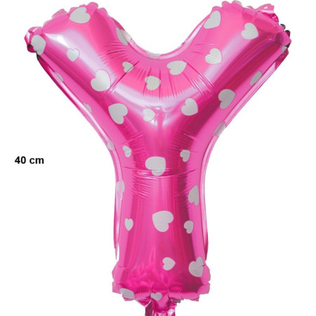 Balon Folie Metalizata Litera Y, Cyrax, 40 cm, Cu Imprimeu Inimioare, Umflati cu Heliu sau Aer, Ambalaj Individual, Pai inclus, Roz
