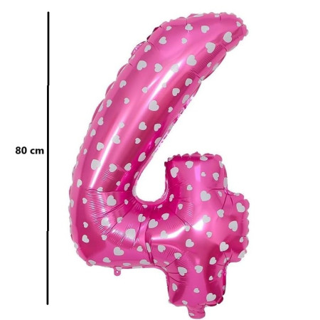 Balon din Folie Metalizata Cyrax, Figurina Cifra, Imprimeu Inimi, Tema Aniversare 80 cm, Ambalaj Individual, Pai inclus, Umflare cu Aer sau Heliu, Roz, Cifra 4