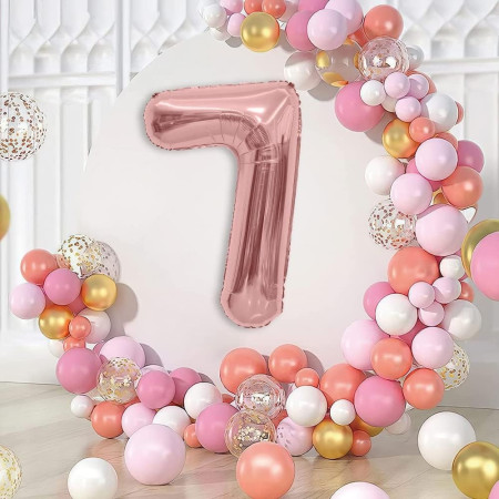 Balon din Folie Metalizata Cyrax, Figurina Cifra, Tema Aniversare 80 cm, Ambalaj Individual, Pai inclus, Umflare cu Aer sau Heliu, Rose, Cifra 7