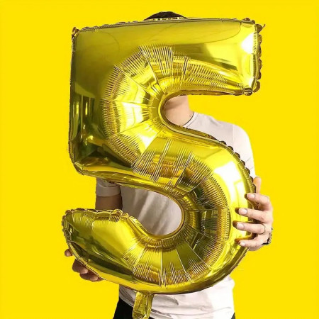 Balon din Folie Cyrax, Cifra 5, 81 cm, Pentru Aer sau Heliu, Bulk, Auriu