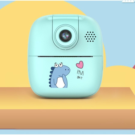 Set Camera Instantanee pentru Copii, Cyrax, Camera 180° Selfie, Ecran HD 2'', 24MP, 720P Video, 1200 mAh, cu Functie de Printare Alb-Negru, cablu USB-C, Bluetooth, Compatibil iOS/Android, Imprimare APP, Model Dino, Turcoaz