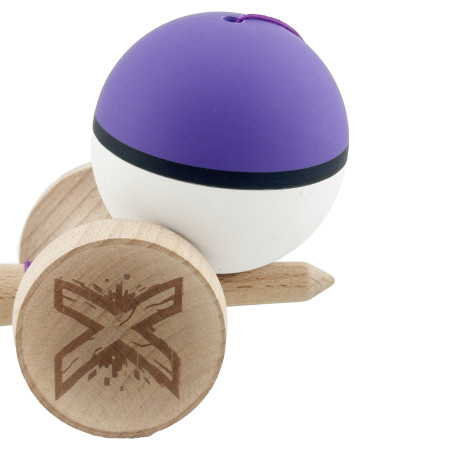 Kendama X Originala, Profesionala, Cyrax, Cupe Mari KING SIZE V3, Rubber Grip, Gaura in Baza, Rulment Metalic, din lemn 18 cm, Ata 62/65 cm, S Bicolor Mov/Alb