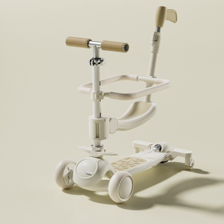 Trotineta Tip Carucior pentru Copii 7in1, Cyrax, Pliabila, Ghidon Reglabil, Parti Detasabile, Lumini LED, Muzica, Suport pentru picioare, Alb