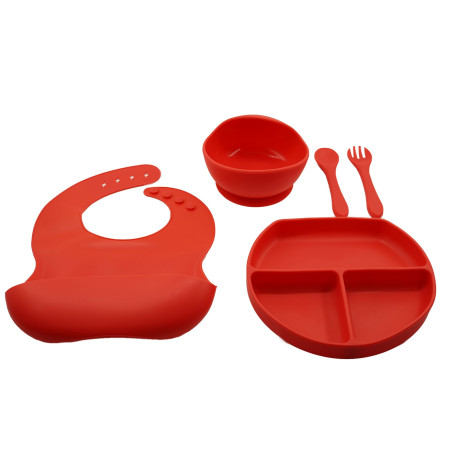 Set 5 piese diversificare bebelusi si copii din silicon Cyrax, baveta, farfurie compartimentata cu ventuza, bol cu ventuza, tacamuri, fara alergeni, rosu