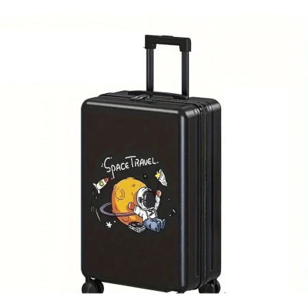 Troler de Calatorie, Cyrax, 56 x 35 x 22 cm, 4 Roti, Maner Reglabil, din ABS, cu Fermoar, Blocare cu Cod, Impermeabil, Model Astronaut, Negru