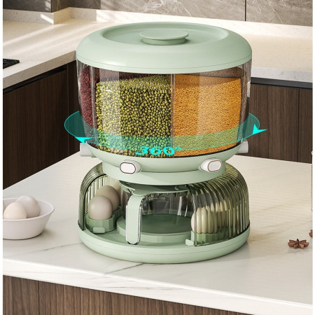 Dozator Etajat de Cereale Cyrax, Rotativ 360, 6 Compartimente, Capacitate 10L, Cofraj Special pentru Oua, Vas pentru Scurgerea Cerealelor, 35x27.5 cm, Verde