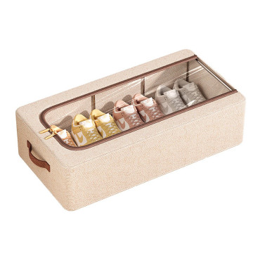 Cutie Depozitare cu Cadru Metalic,  pentru Incaltaminte, Haine, Lingerie, Fermoar Calitativ, Fereastra Transparenta, Manere Laterale, 60 x 30 x 15 cm Bej