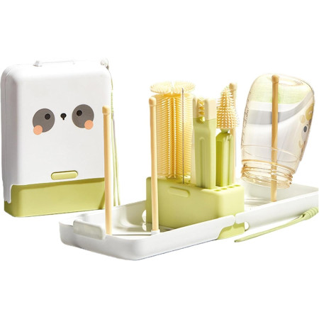 Set 7 Piese de Spalat/Uscat Biberoane, Cyrax, Portabil, Peri de Silicon, pentru Tetine, Suzete, Biberoane, Paie, Cutie Inclusa, 16.8 x 12 x 5 cm, Model Panda, Verde