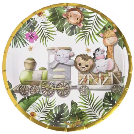 Farfurii Cartonate pentru Petreceri, Cyrax, Farfurii Cartonate de unica Folosinta pentru Zile de Nastere, Model Safari cu Animale, set 10 buc, Diametru 18 cm, Multicolor