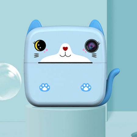 Camera Instantanee pentru Copii, Cyrax, cu Functie de Printare, Camera Frontala + Selfie, Cablu USB-C, Bluetooth, Compatibil iOS/Android, Imprimare APP, Model Pisica, Albastru